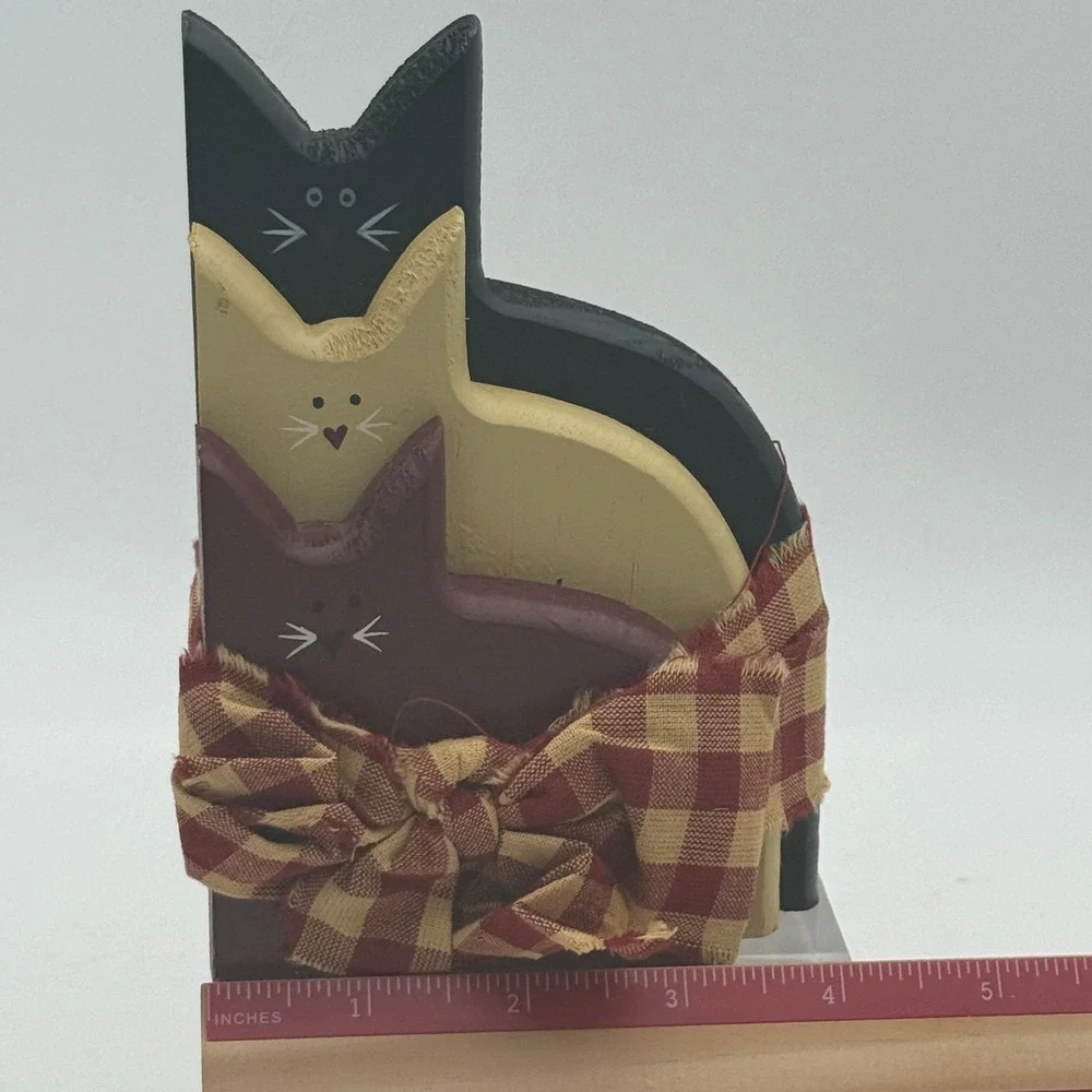 Primitive Wooden Cat Trio Figurine Rustic Folk Art Farmhouse Decor Gingham Bow